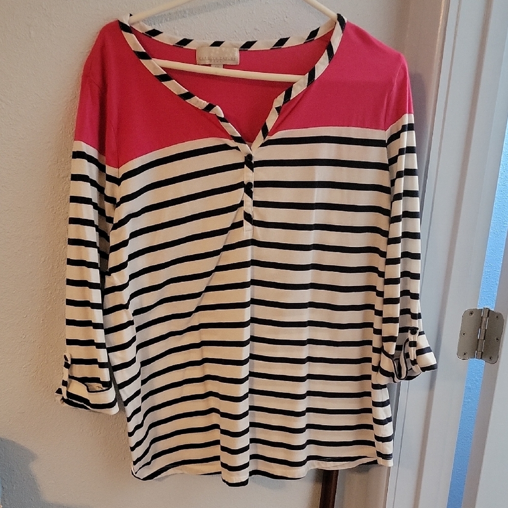 Carolyn Taylor White And Navy Blue Striped Knit Top With Hot Pink Collar